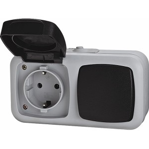 Graue Feuchtraum Schalterkombination mit Steckdose und Schalter für Aufputzmontage.