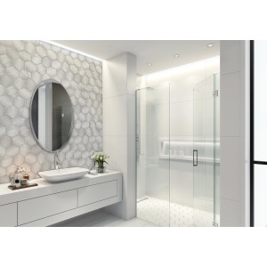 Badezimmer mit Wandfliese Artisa Hexagon in Mist, glänzend und hellgrau. Retro-Optik.