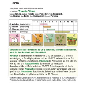 Abbildung der Verpackung von Austrosaat Cocktailtomate Vilma Saatgut mit Anbauhinweisen.