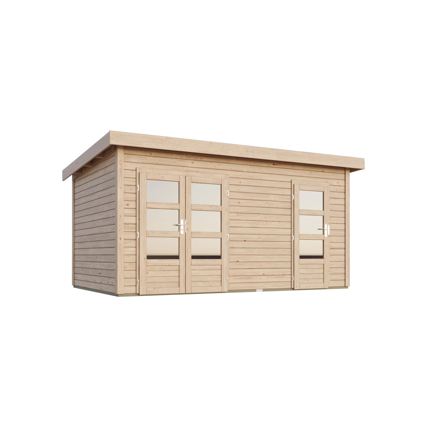 Unbehandeltes Karibu Holz-Gartenhaus Glostrup mit Flachdach und Fenstertüren, 420x270 cm.