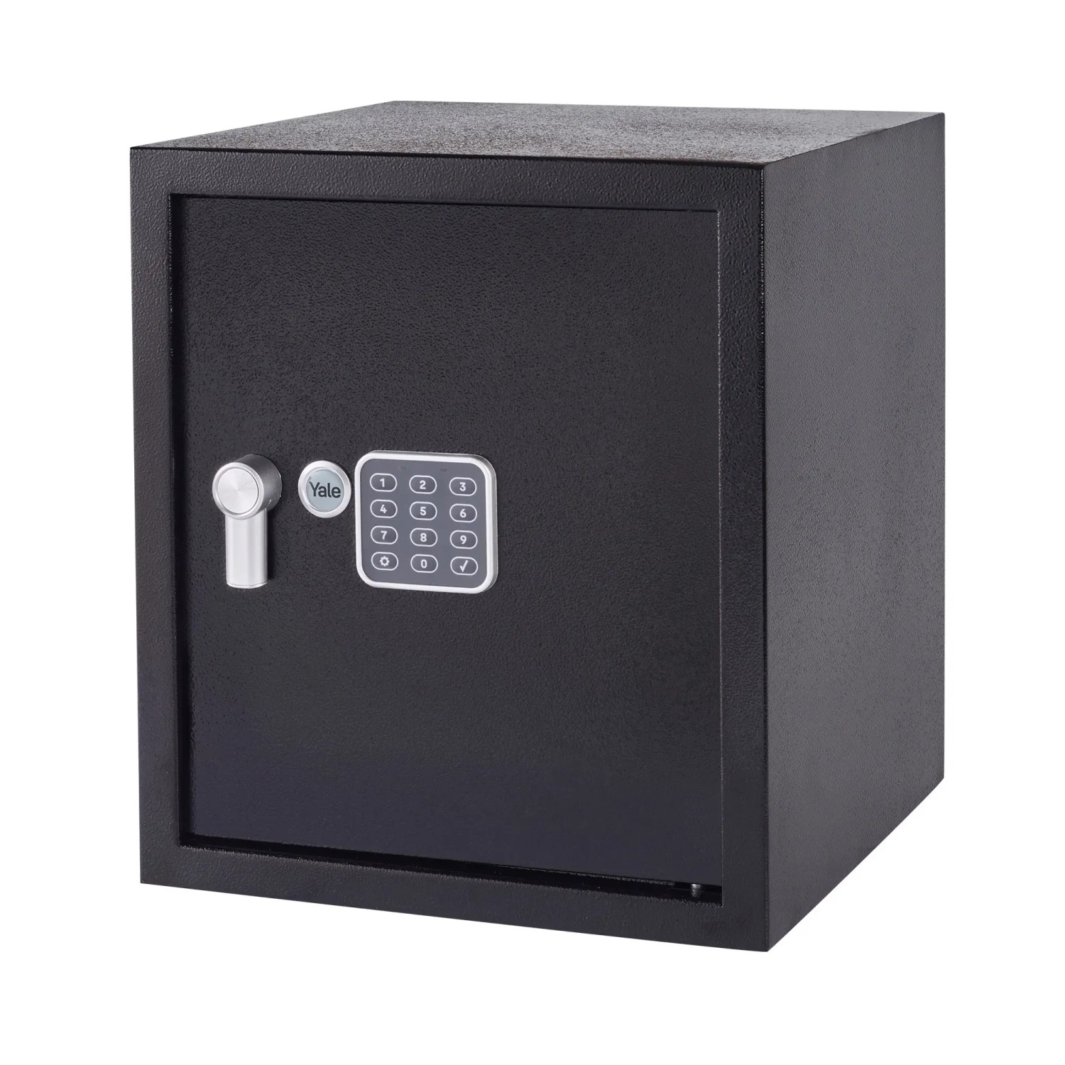 Schwarzer Yale Tresor Value Safe L Code mit digitalem Tastenfeld und Schlüssel.