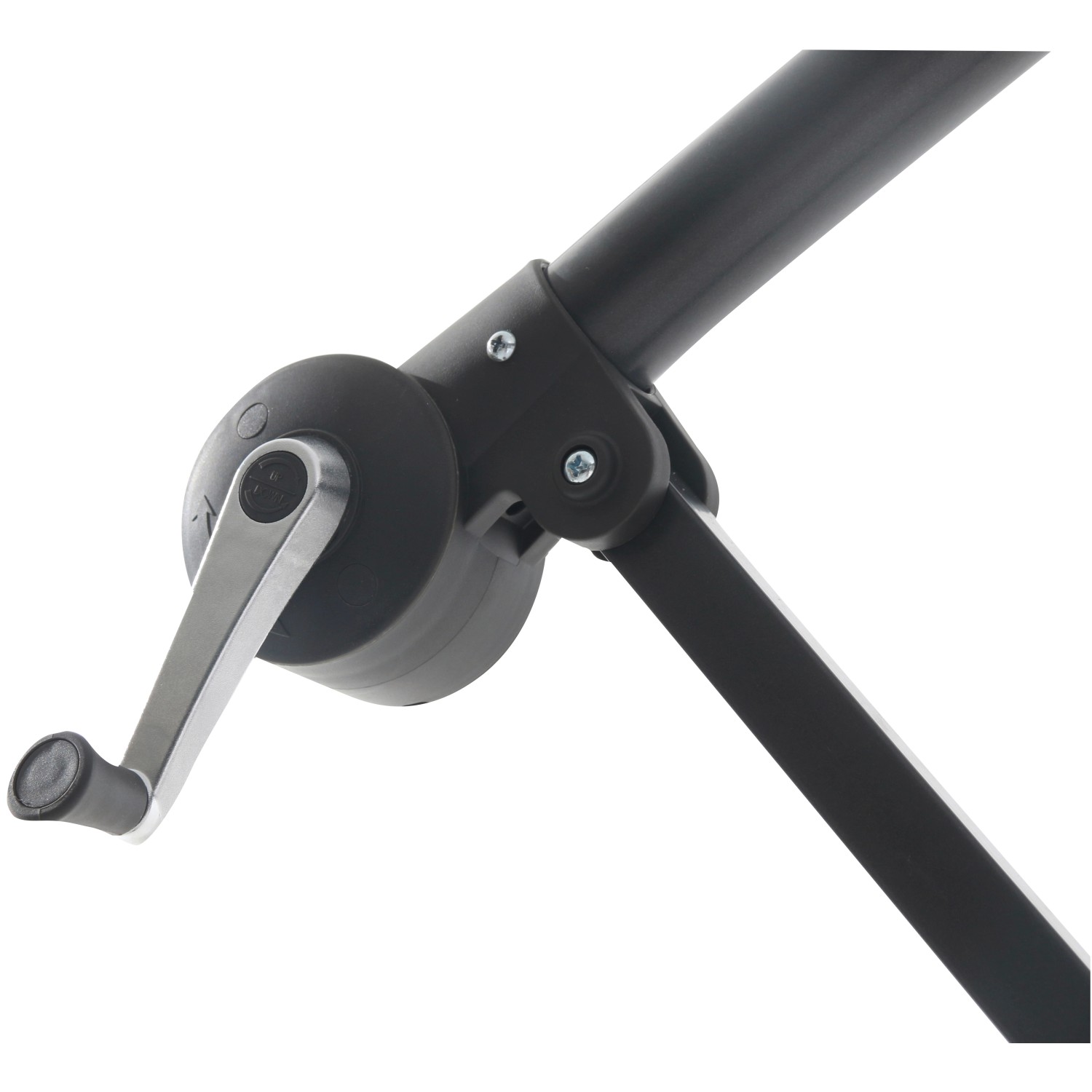 Detailaufnahme der Kurbelmechanik des beigen Ampelschirms Alvarado (Ø 300 cm).