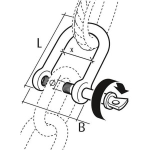 Technische Zeichnung Conacord gerader Schäkel aus Stahl, 8 mm Durchmesser, 45 mm Länge, mit Maßen.