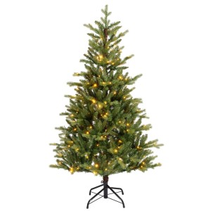 Grüner künstlicher Weihnachtsbaum Allison, 180 cm hoch, mit warmweißer LED-Beleuchtung und stabilem Metallfuß.
