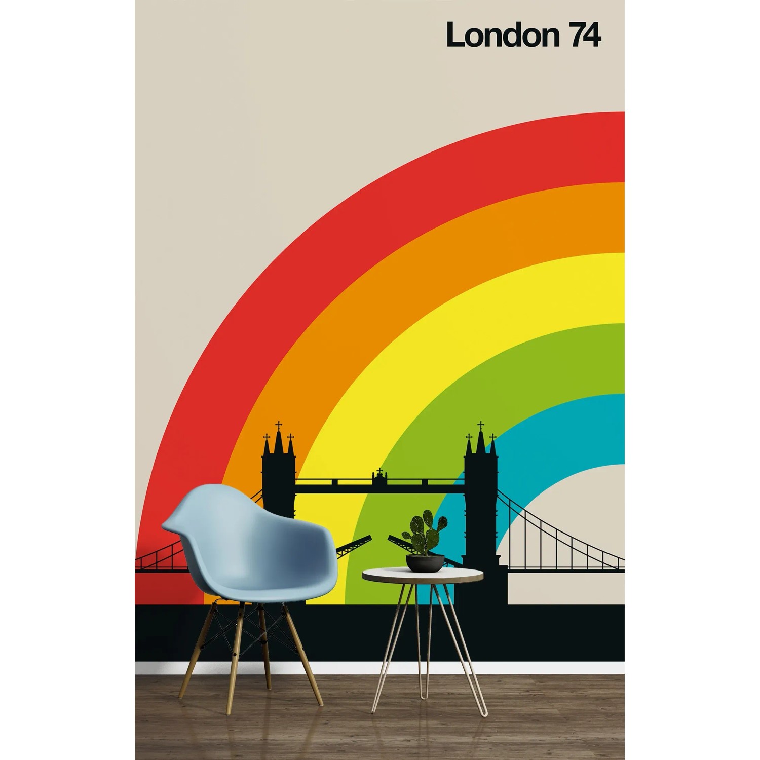 Bunte Fototapete London 74 mit Brücke und Regenbogen, 2,00x2,70m, FSC®-zertifiziert.