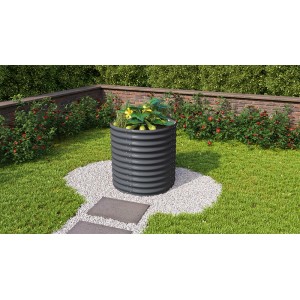 Rundes, graues Vitavia Hochbeet Vita 858 aus Metall im Garten mit Bepflanzung.
