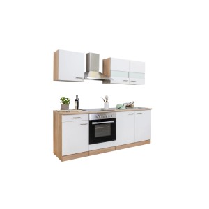 Respekta Küchenzeile KB210ESWC in Weiß-Eiche Sägerau Optik mit E-Geräten und Spüle.