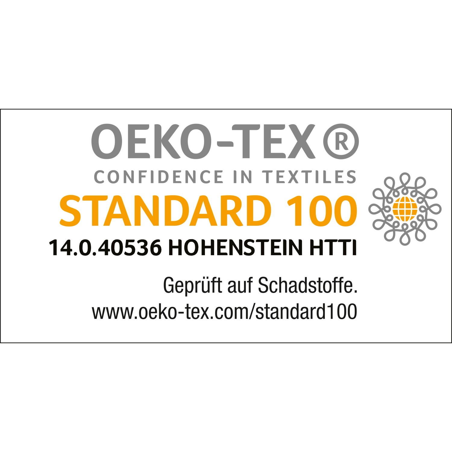 Öko-Tex Standard 100 Label für Freya Stuhlkissen, geprüft auf Schadstoffe.