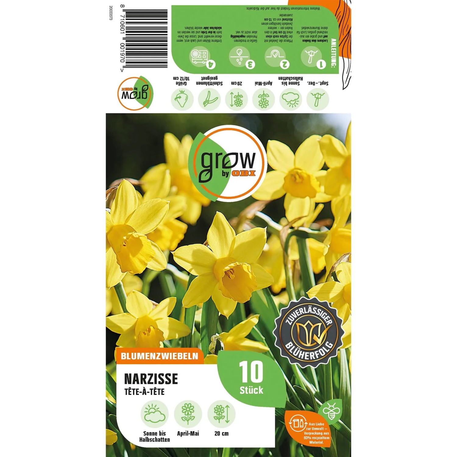 Verpackung gelber Narzissen Tête-à-Tête von GROW by OBI, Blumenzwiebeln für Frühling.