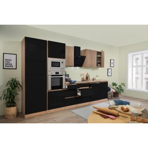 Respekta Premium Küchenzeile GLRP345HESSGKEOES, 345 cm, Schwarz/Eiche NB, mit E-Geräten
