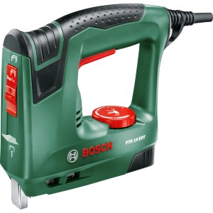 Bosch Elektrotacker PTK 14 EDT: Grüner Tacker mit rotem Einstellrad.