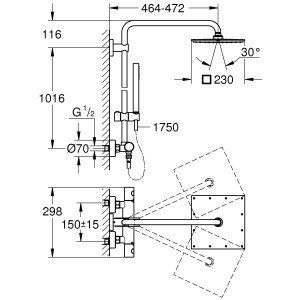 Technische Zeichnung: Grohe Euphoria System XXL 230 Duschsystem mit Thermostatbatterie, Chrom.