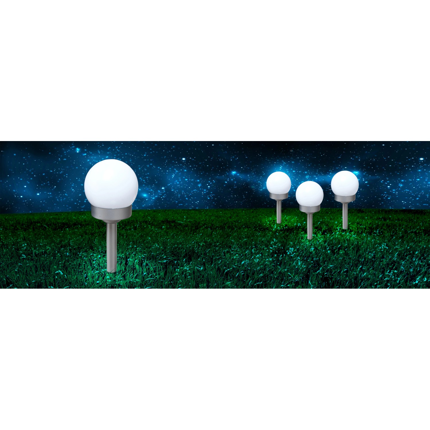 3er Set Globo LED Solar-Kugeln mit Erdspieß, silber metallic, im Garten.