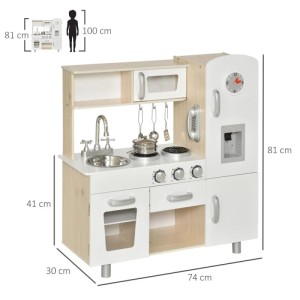 Weiße HOMCOM Spielküche aus Kiefer/MDF mit Spüle, Herd, Kühlschrank, Mikrowelle. Kinderküche 74x30x81 cm.