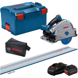 Bosch Professional Akku-Tauchsäge GKT 18V-52 GC Set mit L-Boxx, Akkus, Ladegerät und Führungsschiene.