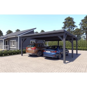 Holzbrüder Doppelcarport Ralf in Anthrazitgrau mit Blechdach und zwei geparkten Autos.