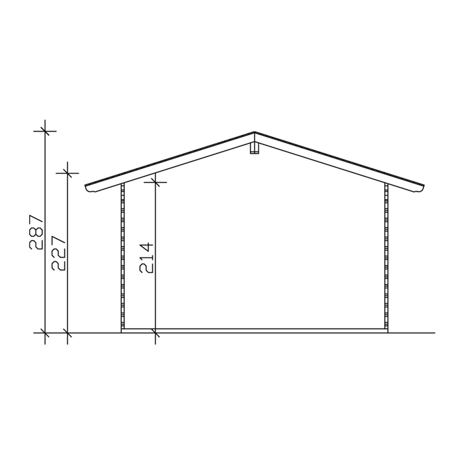 Skizze Skan Holz Gartenhaus Davos 1: Seitenansicht mit Höhenangaben in cm.