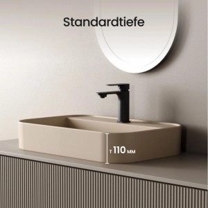 Mattbeiges Emke Aufsatzwaschbecken aus Keramik, rechteckig mit abgerundeten Ecken, 11 cm hoch, im modernen Bad.