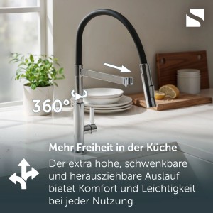 SCHÜTTE Spültischarmatur MIAMI Chrom/Schwarz mit flexiblem, 360° schwenkbarem Auslauf und herausziehbarer Geschirrbrause in Küche.