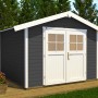 Anthrazitfarbenes weka Gartenhaus 122 mit Satteldach und weißer Doppeltür. Holz-Gartenhaus mit Blumen.