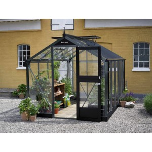 Juliana Gewächshaus Compact 8 Anthrazit mit geöffneter Tür und Pflanzen.