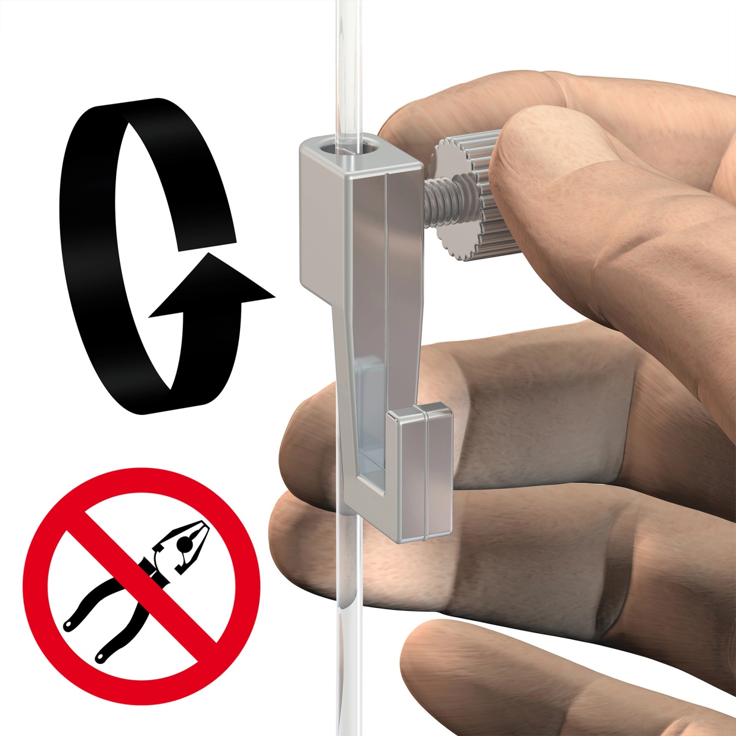 Artiteq Click Rail Bildaufhängung: Detailaufnahme von Haken und transparentem Seil, einfache Montage.