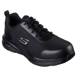 Skechers Sicherheitsschuhe Ringstap Arch Fit SR Herren S3 in Tiefschwarz. Robuster Arbeitsschuh mit Stahlkappe und rutschhemmender Sohle.