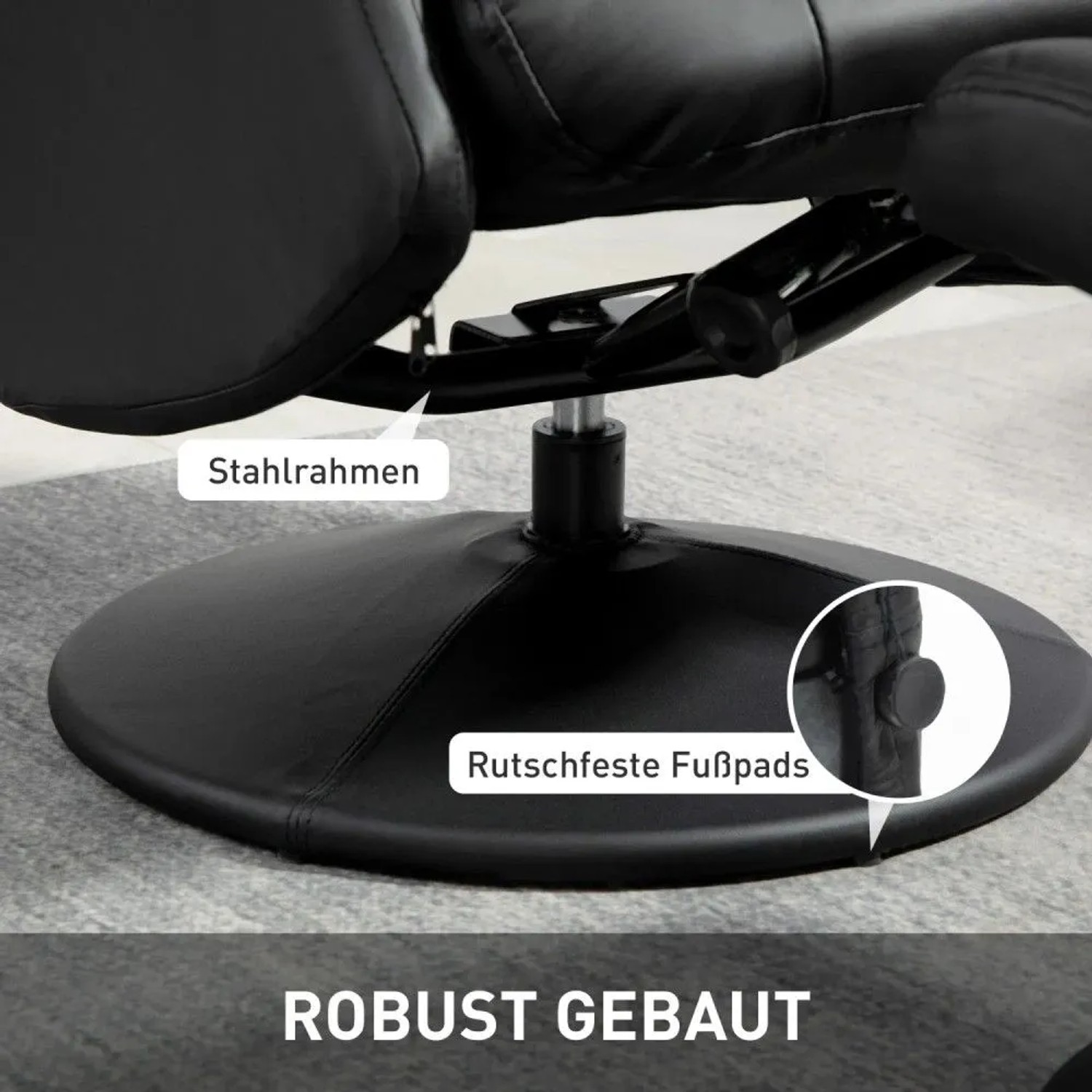 Schwarzer Relaxsessel-Fuß mit robustem Stahlrahmen und runder Basis, ausgestattet mit rutschfesten Fußpads.