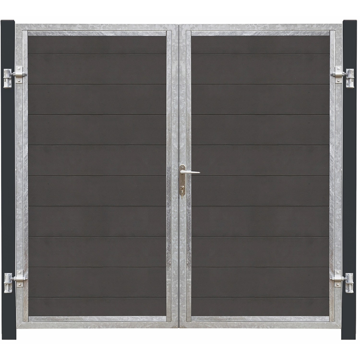 Doppeltor Futura WPC schiefergrau, 213x180cm, mit grauschwarzen Pfosten. Gartentor im modernen Design.