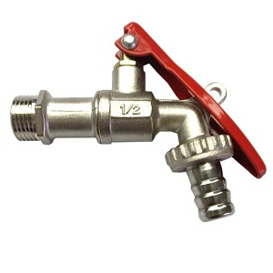 Kirchhoff Kugel-Auslaufhahn, vernickeltes Messing mit rotem Griff und 1/2 Zoll Anschluss.