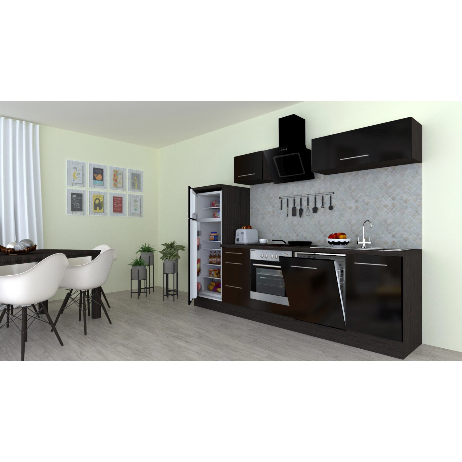 Respekta Premium Küchenzeile 280 cm in Schwarz Hochglanz und Eiche Grau mit E-Geräten.