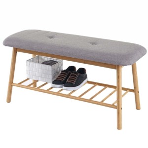MCW Sitzbank Schuhregal D90 aus Bambus mit grauem Polster und Schuhablage.