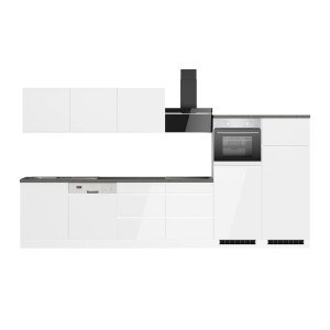 Moderne Küchenzeile Gera 360 cm in Weiß/Beton mit E-Geräten (Backofen, Kochfeld, Geschirrspüler, Kühl-/Gefrierschrank).