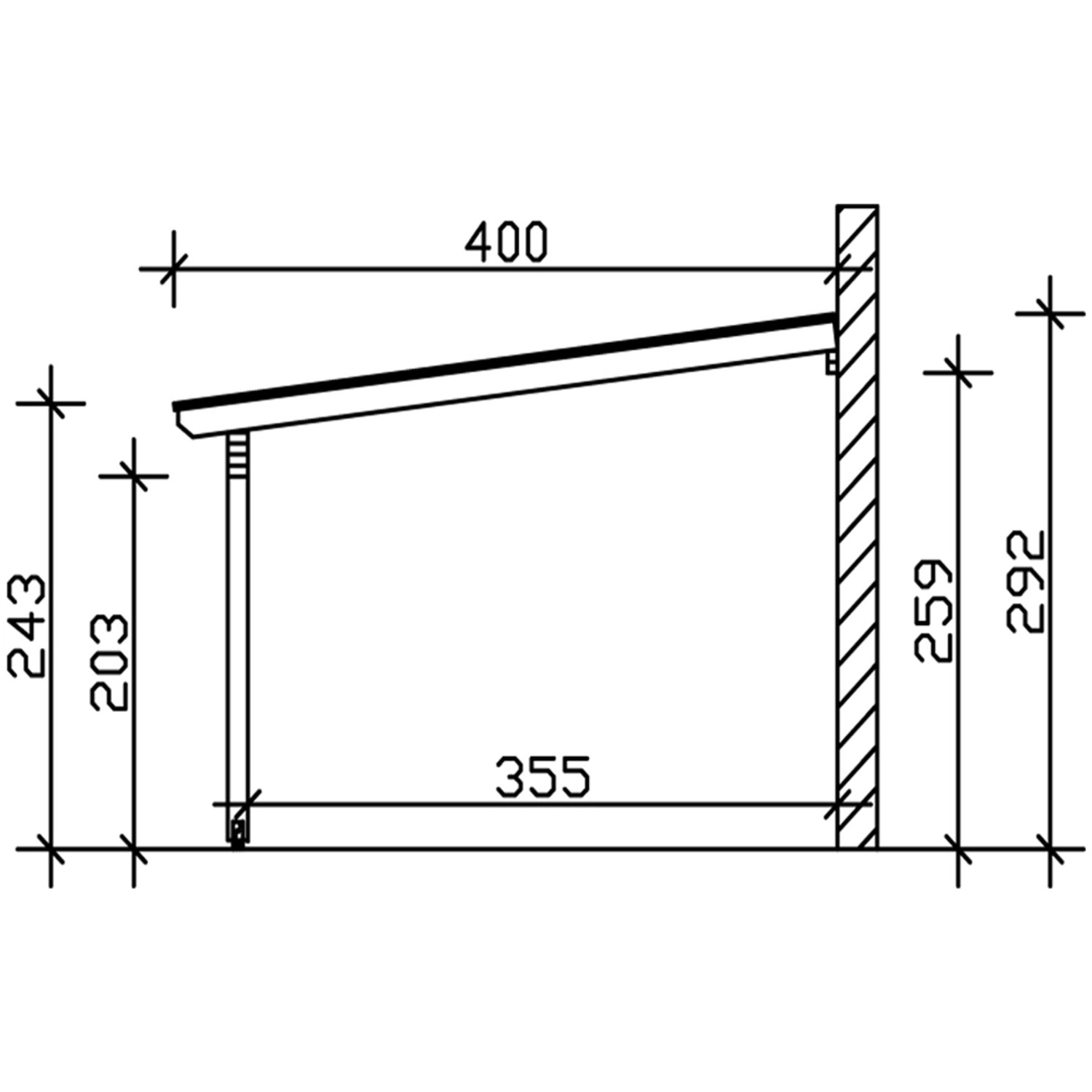 Technische Zeichnung der Skan Holz Terrassenüberdachung Ancona, Maße in cm.