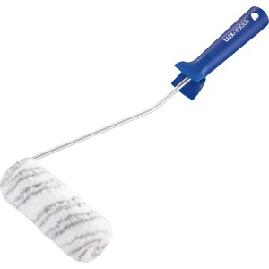 LUX Dispersionsroller 12 cm mit Kurzflor aus Polyester und blauem Griff.