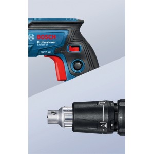 Bosch Professional GTB 18V-45 Akku-Trockenbauschrauber, Detailansicht von Griff und Schraubaufsatz.