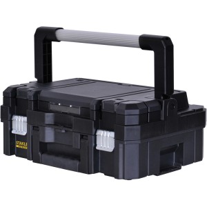 Schwarzer Stanley FatMax TStak I Werkzeugkoffer mit grauem Griff.