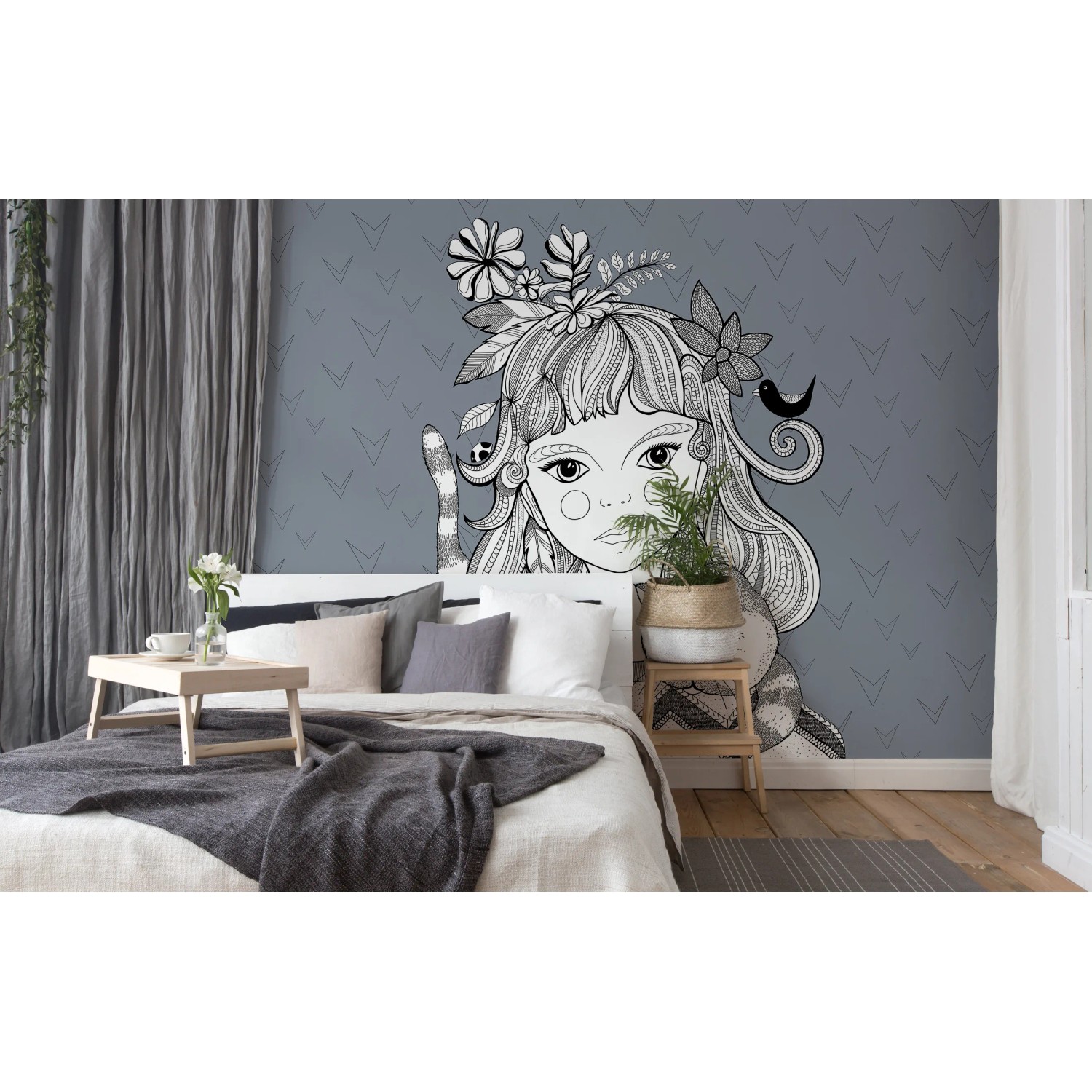 Fototapete mit Mädchen, Katze und Blumen in Grau, Blau und Weiß (4,00 m x 2,70 m).
