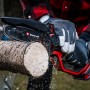 Einhell Akku-Astkettensäge GP-PS 18/20 Li BL-Solo beim Sägen eines Baumstamms.