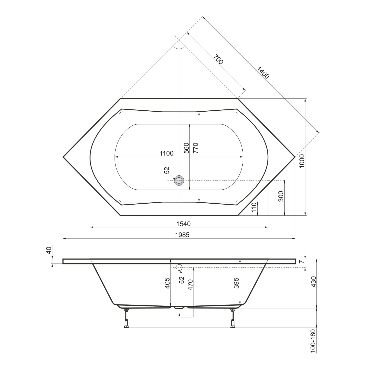 Technische Zeichnung: Ottofond Whirlpool Corsica Komfort, 200x100 cm, Maße und Ansichten.