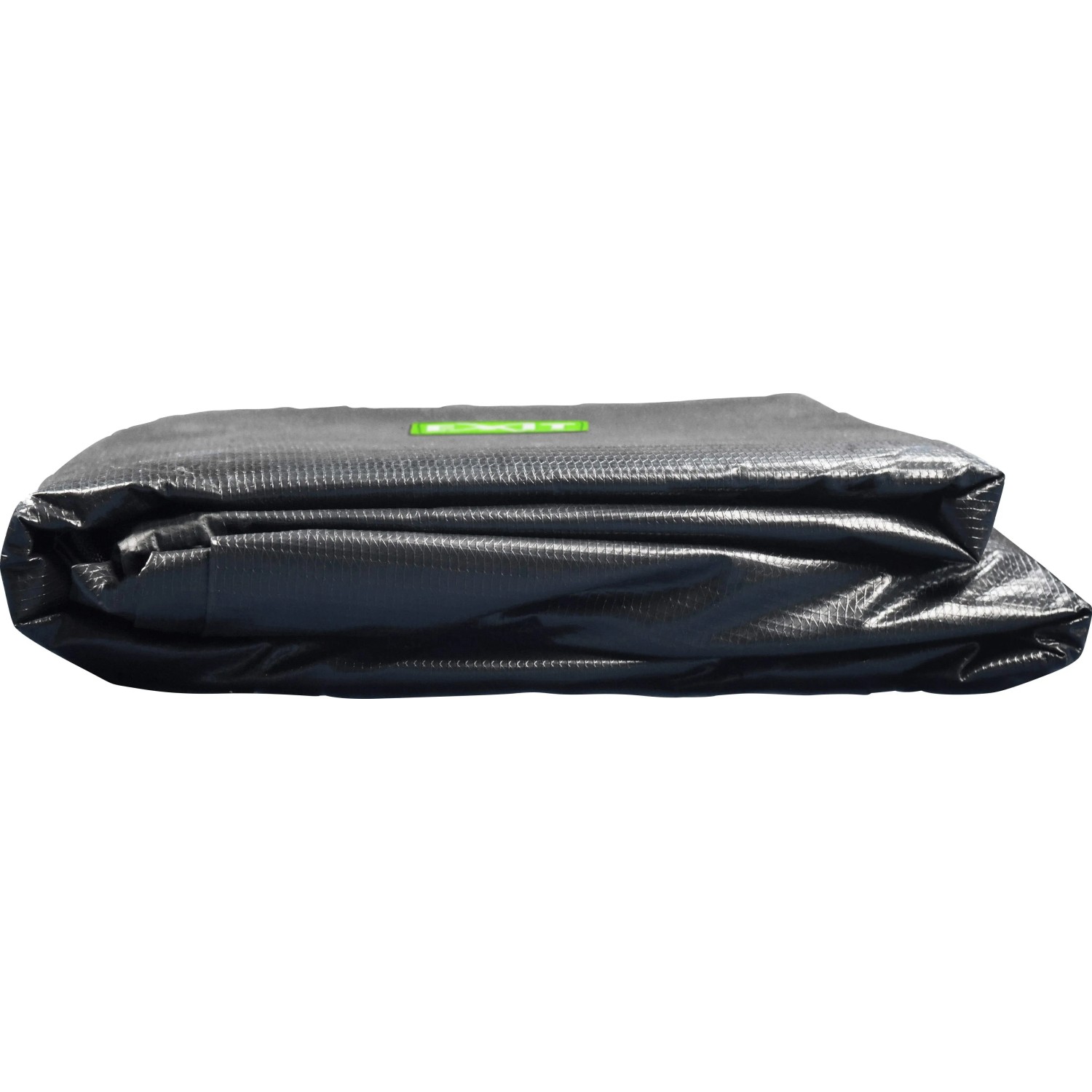 Zusammengefaltete, schwarze EXIT Premium Pool Abdeckplane für Pools mit ø 488 cm.