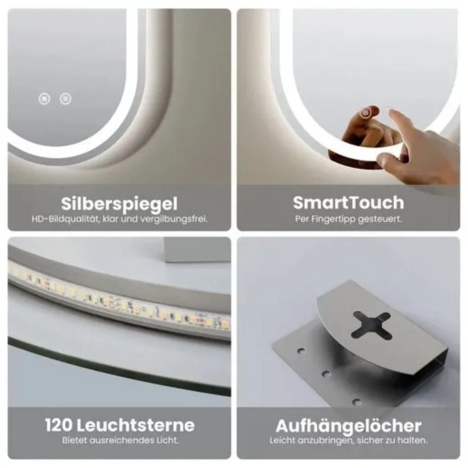 Emke Oval Badspiegel 50x90 cm: LED-Beleuchtung, Touch-Steuerung, Antibeschlag-Funktion und Montage. Moderner Wandspiegel.