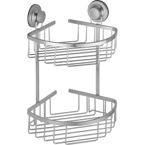 Eckiger, silberner baliv Duschkorb mit 2 Etagen und Saugnäpfen zur Wandmontage.