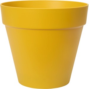 Ockerfarbener, runder Elho Blumentopf Loft Urban mit Rollen, Ø 38,5 cm.