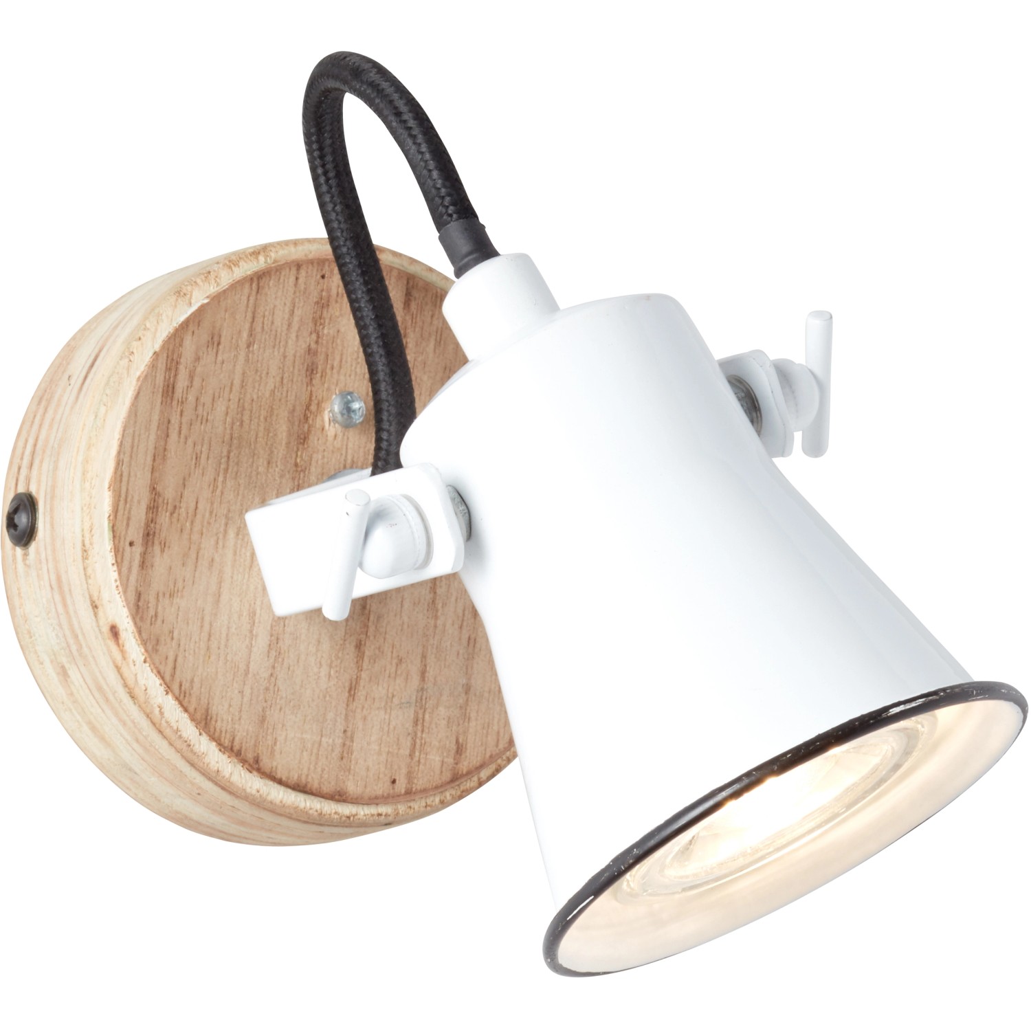 Weiße Brilliant Wandlampe Seed mit Holzdetails, GU10 Fassung, schwenkbarer Spot.