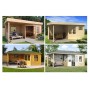 Collage verschiedener Carlsson Gartenhäuser Hanna-40 aus unbehandeltem Holz mit überdachter Terrasse.