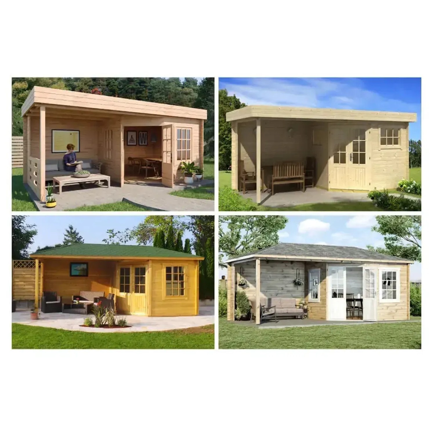 Collage verschiedener Carlsson Gartenhäuser Hanna-40 aus unbehandeltem Holz mit überdachter Terrasse.
