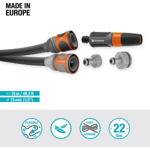 Gardena Liano Life 15m Gartenschlauch Set mit Spritze und Zubehör, flexibel und leicht verstaubar.