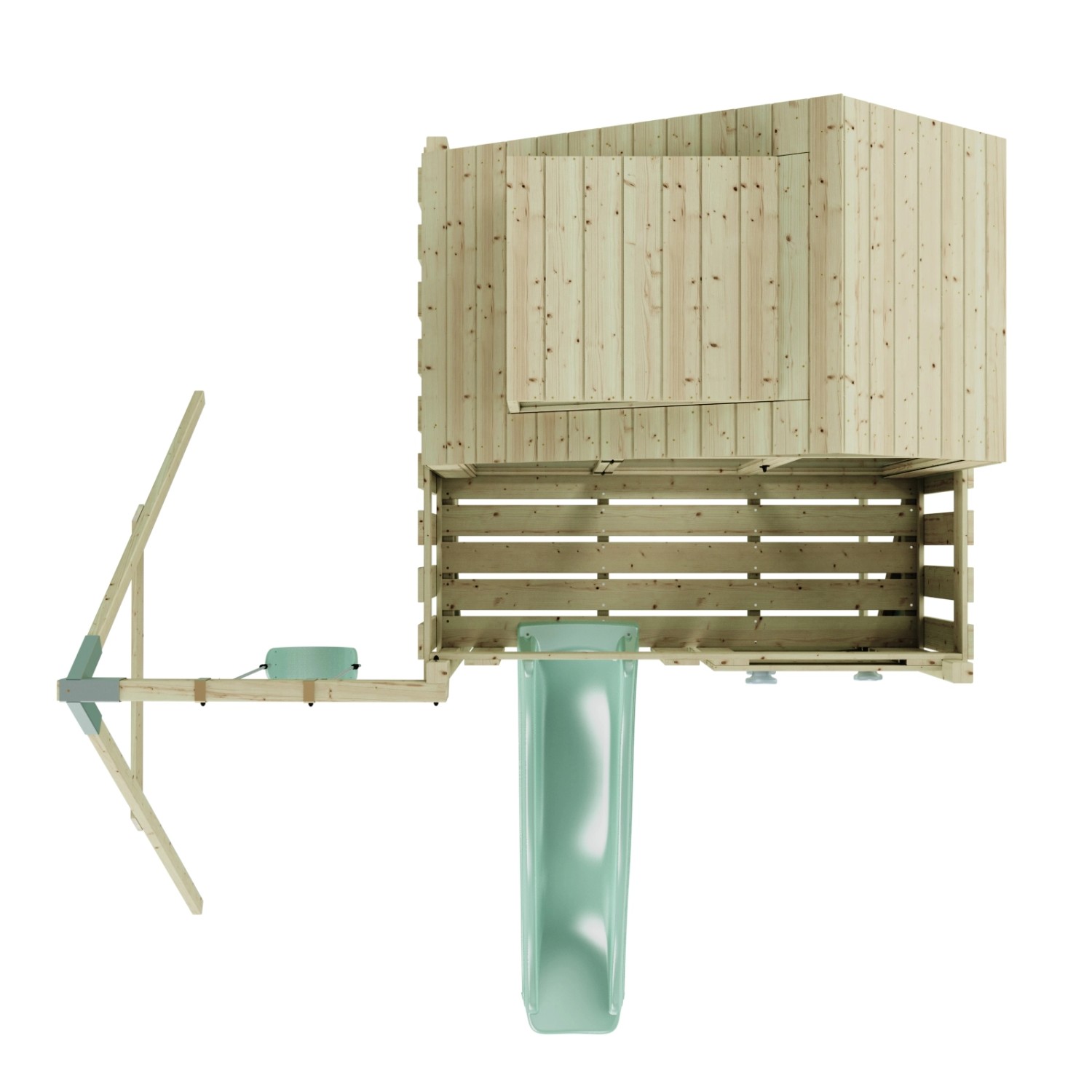 Kinderspielturm mit mintgrüner Schaukel und Rutsche. Holzkonstruktion mit Spielhaus.