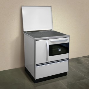 Firefix Küchenofen Isar, Stahl weiß, mit Kochplatte und Backofen. Moderner Küchenherd für traditionelles Kochen.